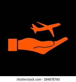 Orange  Airplane Icon in hand - vector icon  on a black background