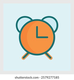 Orange alarm clock icon with teal outline on a soft blue background digital design