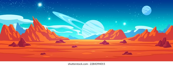 Orange alien space planet game cartoon background. Fantasy world landscape with mountain and rock land desert surface. Red stone ground with crater, moon and saturn, star sparkle in sky galaxy