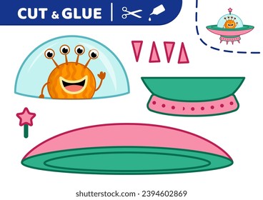 Orange alien in spaceship. Cut and glue. UFO. Applique. Paper education game. Flat, cartoon. Isolated vector illustration eps 10