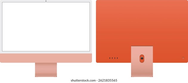Orange all-in-one desktop pc with front and back views included. Transparent screen vector illustration.