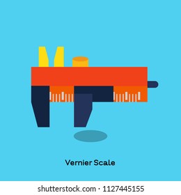 Orange analog vernier scale, vernier caliper or caliper’s measurement on blue background. There is scale marked on.