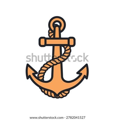 An orange anchor with a dark outline and a rope wrapped around its shank, depicted in a simple, cartoon-like illustration on a white background. This nautical symbol represents stability and maritime themes.