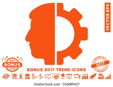 Orange Android Head pictograph with bonus 2017 year trend symbols. Vector illustration style is flat iconic symbols, white background.