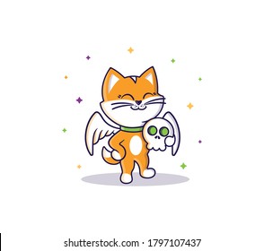 The orange angel-cat holding a skull. Vector Halloween illustration on white background with colorful stars. The cute character is a baby kitty. Good for dias de los muertos posters parties, t-shirts