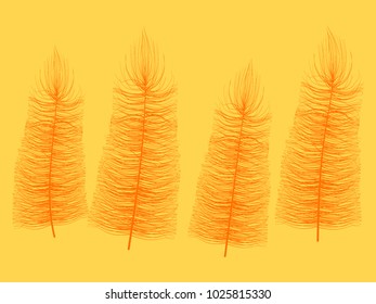 Orange Angelic Fluff. Beautiful Hand Drawn Feathers Isolated. Fluff for Wallpaper, Illustration, Carnival, Masquerade, Invitation, Paper, Textile. Decoration Element for Your Design.