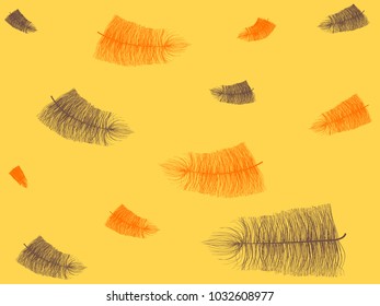 Orange Angelic Fluff. Beautiful Hand Drawn Feathers Isolated. Fluff for Wallpaper, Illustration, Carnival, Masquerade, Invitation, Paper, Textile. Decoration Element for Your Design.