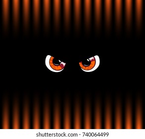Orange angry monster eyes on black and red orange striped pattern background. Vector illustration, poster, banner.
