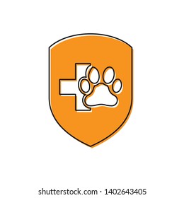 Orange Animal health insurance icon isolated on white background. Pet protection icon. Dog or cat paw print. Vector Illustration