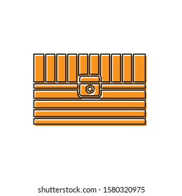 Orange Antique treasure chest icon isolated on white background. Vintage wooden chest with golden coin.  Vector Illustration