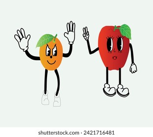 orange and apple carton characters with silver backgrounds