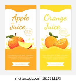 Orangefarbene Apfelsaftbeschriftungen, Packaging von Papierboxen, Cover Design mit frischer Reifenfrucht, Vektorgrafik