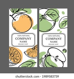 ORANGE APPLE LABELS Design Of Stickers For Shop Of Tropical Organic Natural Fresh Juicy Fruits And Dessert Drinks In Sketch Style Vector Illustration Set