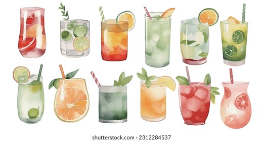 Orange, apple, lemon, avocado, peach and pomegranate drinks in glasses, set of summer watercolor juices in watercolor style