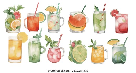 Orange, apple, lemon, avocado, peach and pomegranate drinks in glasses, set of summer watercolor juices in watercolor style