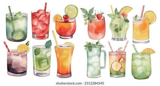 Orange, apple, lemon, avocado, peach and pomegranate drinks in glasses, set of summer watercolor juices in watercolor style