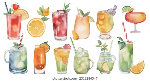 Orange, apple, lemon, avocado, peach and pomegranate drinks in glasses, set of summer watercolor juices in watercolor style