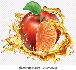 Orange and apple mixed juices into of burst splashes on white. Vector mesh illustration 
