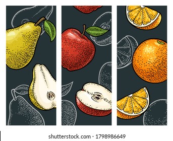 Orange, apple, pear. Vertical template menu, poster, banner isolated on dark with set fruits. Vector color and monochrome vintage engraving