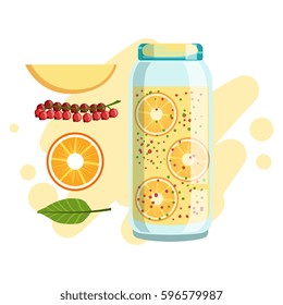 Orange Apple And Red Currant Smoothie, Non-Alcoholic Fresh Cocktail In A Glass And The Ingredients For It Vector Illustration