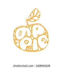 Orange Apple silhouette. Fresh fruit Typography Vector Illustration, Handdrawn lettering. Hand drawn font on Healthy fruity harvest apple silhouette with decorative doodle elements.