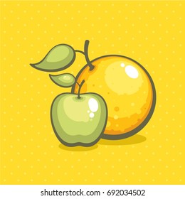 Orange and apple vector illustration. Design for menu, for fruit juice packets and for fruit label. Tasty and healthy food.