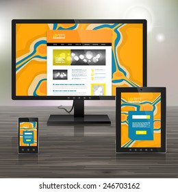 Orange application template design for corporate identity with blue art elements. Stationery set
