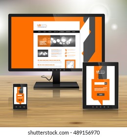 Orange application template design for corporate identity with white and gray geometric elements. Stationery set
