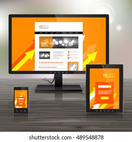 Orange application template design for corporate identity with red, yellow and white arrows. Stationery set