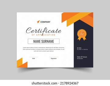 Orange Appreciation and Achievement Certificate Template Design, Clean modern certificate, Diploma Certificate vector template