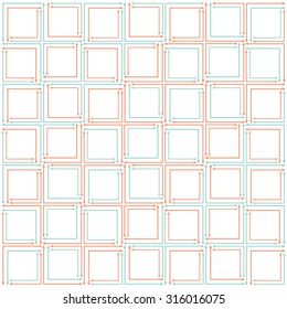 orange and aqua, teal repeating squares composed of arrows on transparent background, vector pattern.