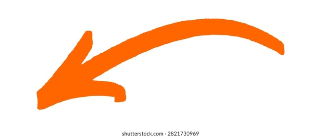 Orange arch arrow graffiti pointing doodle presents bold hand drawn marker stroke and urban street art style. Downward left direction navigation indicator symbol icon for clip art.