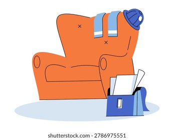 Orange armchair with hard hat and briefcase vector illustration. Retirement, career change, engineering, home comfort, work balance, labor day. Soft chair with safety helmet and bag