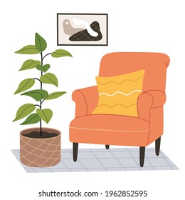 Orange armchair in a modern room.Ideas for modern minimal home interior design.Simple Hand drawn illustration.