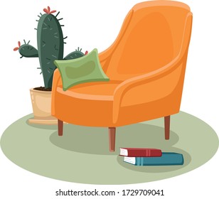 Orange armchair with pillow and books cactus interior vector