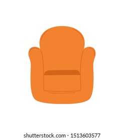 Orange armchair with rounded edges, comfortable fluffy chair in flat style, standing on floor seat. Vector isolated piece of furniture, cosy interior design