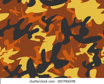 Orange Army Brush. Orange Brown Pattern. Abstract Vector Background. Military Camo Grunge. Yellow Modern Pattern. Dirty Camo Paint. Brown Camouflage Seamless Paint. Fabric Yellow Military Camouflage