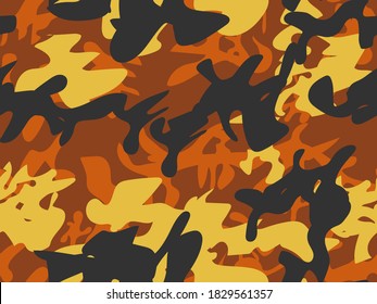 Pintura del Ejército Naranja. Fondo del vector abstracto. Patrón de vectores amarillos. Cepillo sin foco de camuflaje urbano. Impresión de Camo marrón. Grunge negro militar. Patrón Amarillo Moderno. Camuflaje abstracto de repetición naranja
