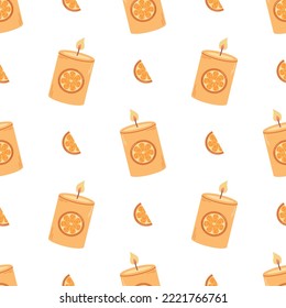 Orange aromatic candles, vector seamless pattern on white background