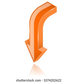 Orange arrow. 3d shiny downwards sign. Vector illustration isolated on white background