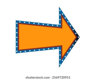  Orange arrow with blue dotted border on white background. Suitable for signage, navigation, directional signs, banners or retro-themed design projects. Vector Illustration .