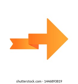 Orange arrow with folding line flat design long shadow color icon. Right turning arrowhead. Navigation symbol. Direction indicator. Next ribbon arrow. Motion designator. Vector silhouette illustration
