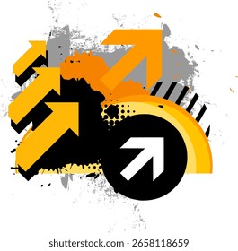 Elemento gráfico grunge de flecha naranja con gráfico de etiqueta de Anuncio de salpicadura de salpicadura de gota