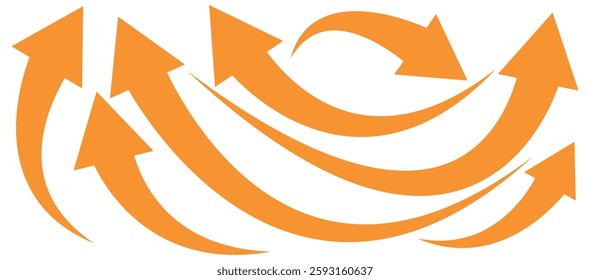 Orange arrow icon on white background. Arrow sign. Orange arrow indicator. Curved arrow. Vector illustrator.