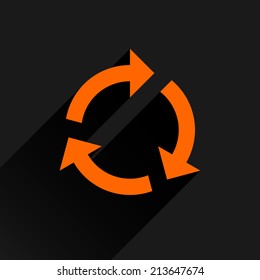 Orange arrow icon reload, refresh, rotation, reset, repeat sign 07. Web pictogram with gray long shadow on white background. Simple, solid, plain, flat style. Vector illustration graphic design 8 eps