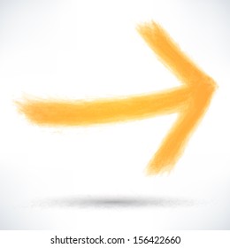 Orange arrow sign painted by brush stroke with drop shadow on white background. Drawing created in ink sketch handmade technique. Vector illustration design element save in 10 eps