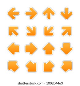 Orange arrow sign sticker web button. Vector saved in EPS 10. Blank satin shapes with gray drop shadow on white background.