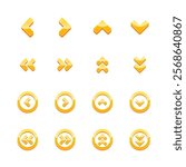 Orange Arrow Vector Set. 3d Set of Glossy Arrows in Different Directions. Up, Right, Down, Left Shiny Arrow Buttons. Set of Bright Icons for Web and Mobile Game Design on Isolated White Background.
