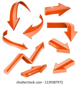 Orange arrows. 3d shiny set of icons. Vector illustration isolated on white background