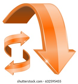 Orange arrows. Bent shiny icons. Vector 3d illustration isolated on white background